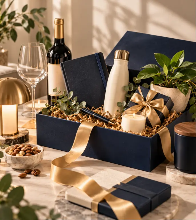 Corporate gift hamper with notebook, bottle, plant and wrapped gifts